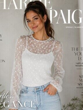 Charlie Paige Creamy White Sheer Polka Dot Long Sleeve Top Sz L -XL